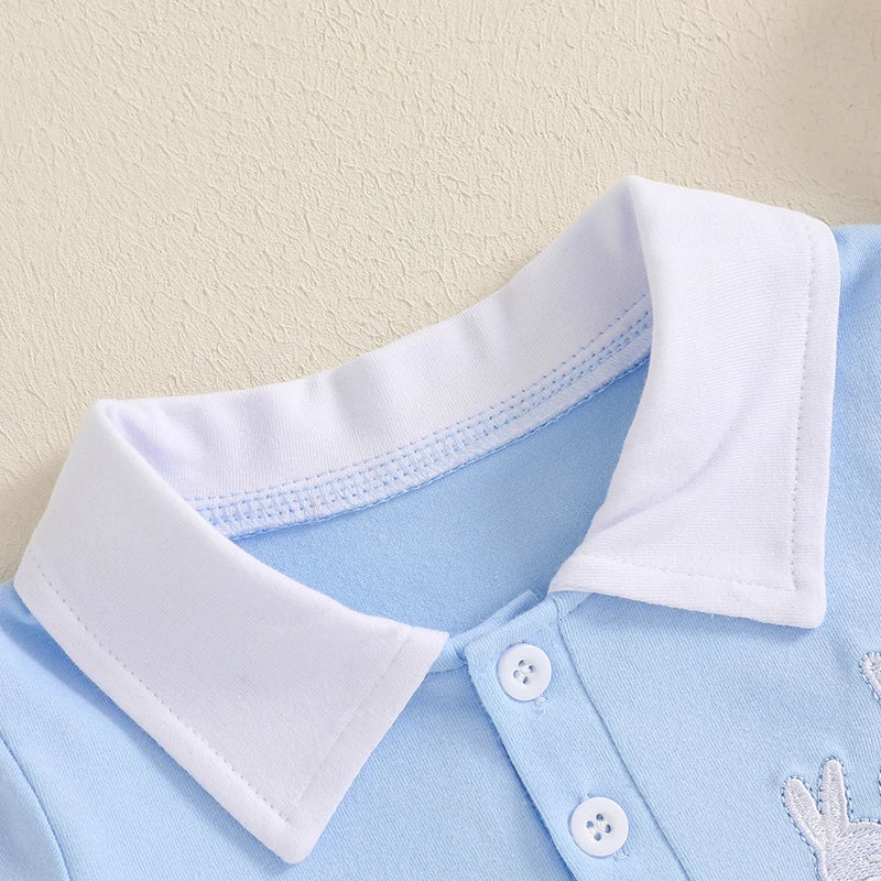 Boy's Easter Bunny Embroidered Jumpsuits with Turn-Down Collar