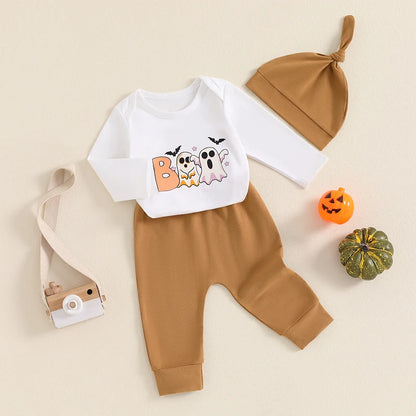 3-Piece Halloween Outfits! Boy’s Long Sleeve Ghost Rompers, Pants & Hat Sets