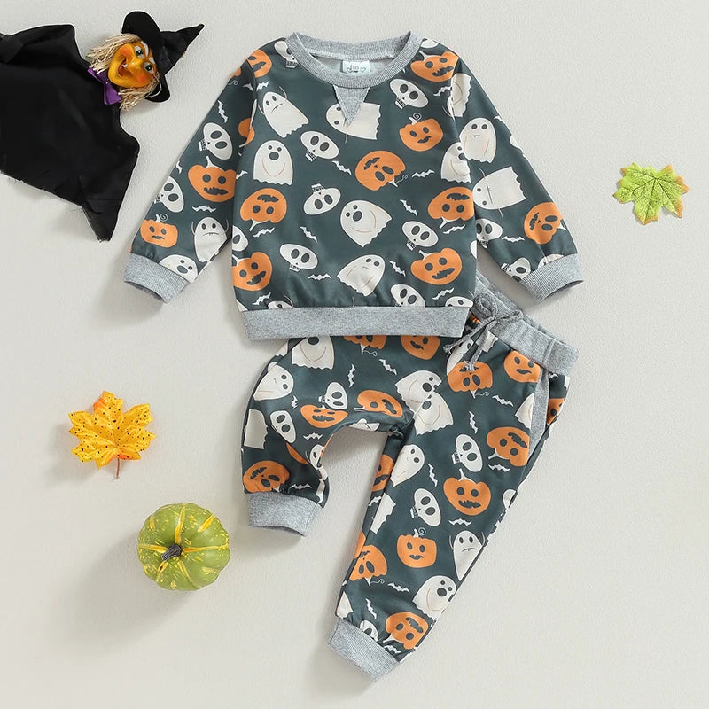 2-Piece Halloween Outfits! Boy's Ghost Pumpkin Fall Sweatshirt & Pants Sets