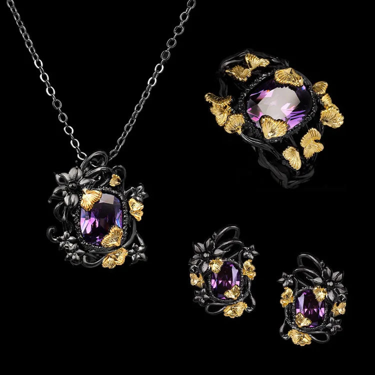 3-Piece Purple Zircon Black & Gold Style Rings, Necklace & Earrings Sets