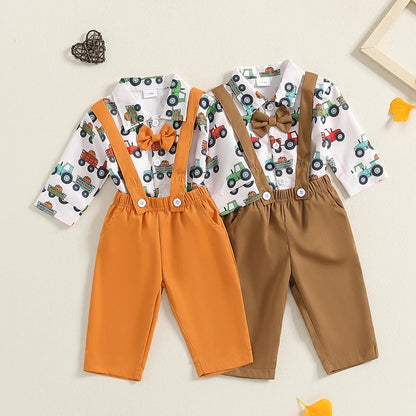 2-Piece Halloween Outfits! Boy’s Long Sleeve Pumpkin Rompers, Suspender Pants & Bow-Tie Sets