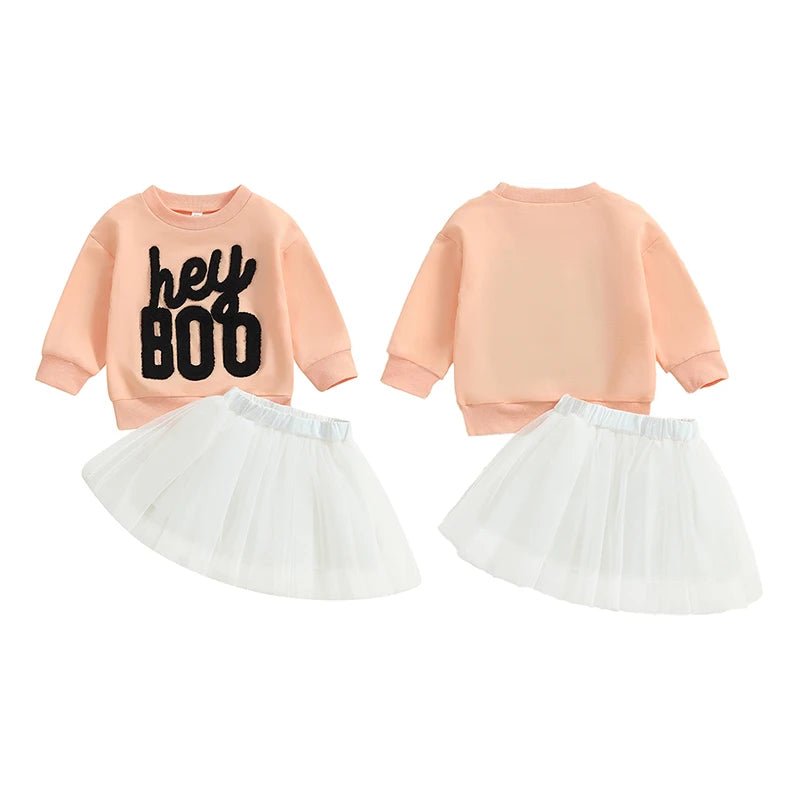 Girl's Halloween 2-Piece Embroidered "Hey Boo" Sweatshirt & Tulle Skirt Sets