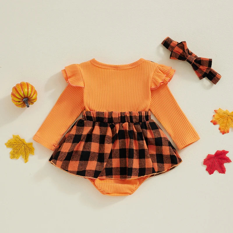 2-Piece Halloween Outfits! Girl’s Long Sleeve Embroidered Pumpkin Rompers, Dress & Headband Sets