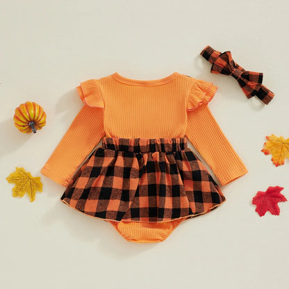 2-Piece Halloween Outfits! Girl’s Long Sleeve Embroidered Pumpkin Rompers, Dress & Headband Sets