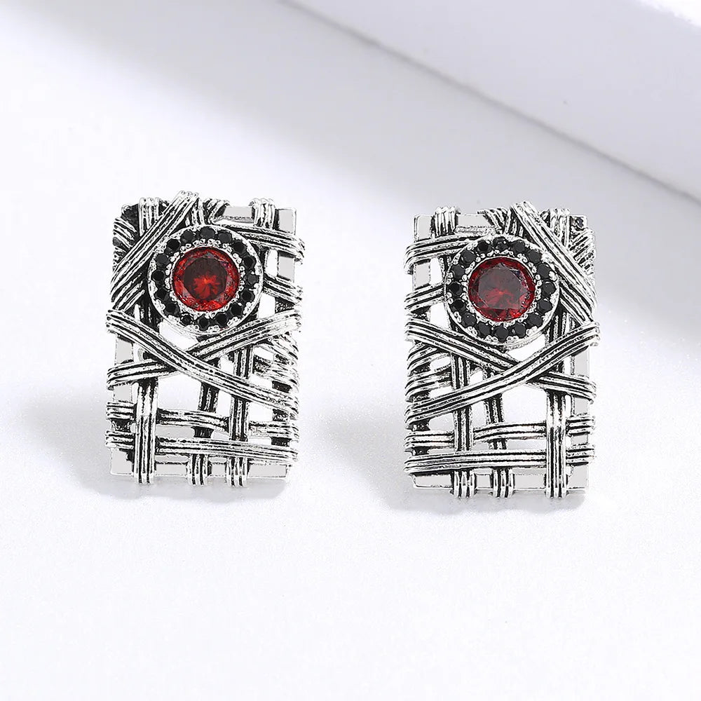 Earrings Vintage Silver Red Zircon Earrings