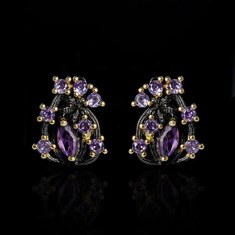 Purple Zircon Flower Earrings Classic Black & Gold Style Earrings with