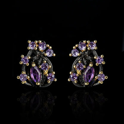 Purple Zircon Flower Earrings Classic Black & Gold Style Earrings with