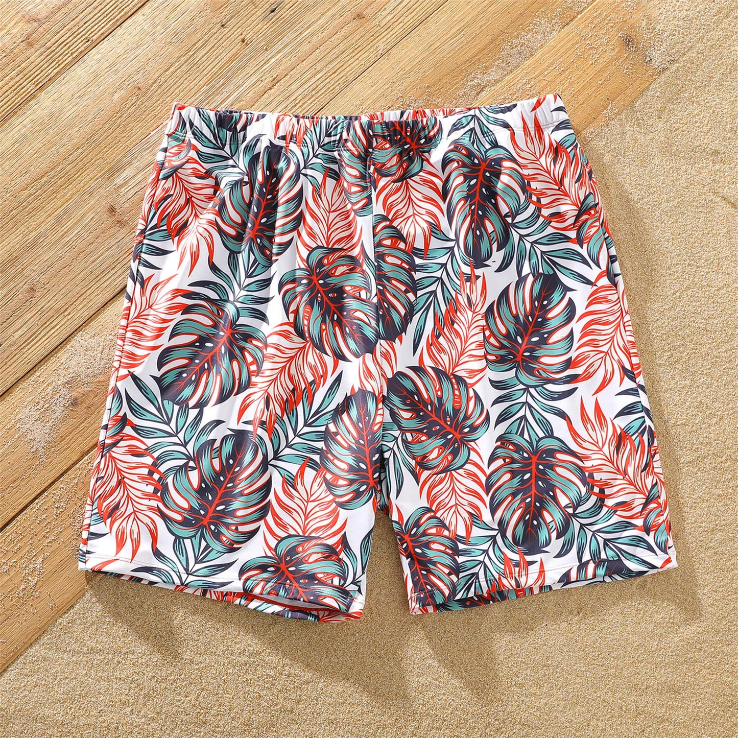 Family Matching! Swimsuit Allover Tropical Plants Print Swim Trunks Shorts & Spaghetti Strap Ruffle One-Piece Swimsuit