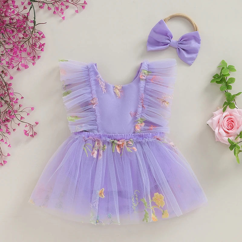 2-Piece Outfits! Girl's Sleeveless Embroidered Floral Tulle Overall Dress & Headband Sets