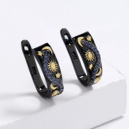 Star Moon Black & Gold Style Flower Earrings