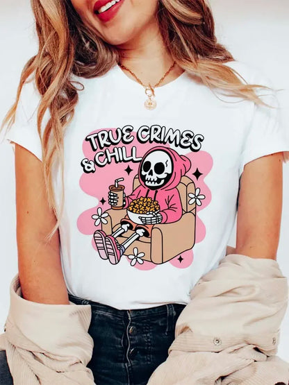 Halloween Tees! Womens True Crimes & Chill Graphic Print T-Shirts