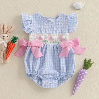 Girl's Fuzzy Bunny Tail Embroidered Solid & Plaid Easter Bow Rompers