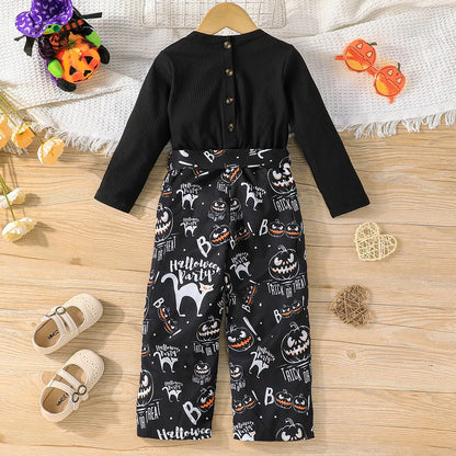 Toddler Girls Halloween Skeleton Top & Overalls Pants Set