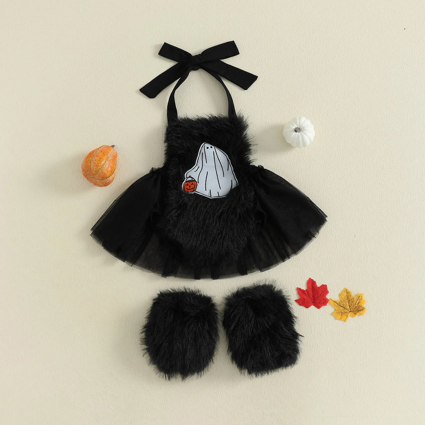 2-Piece Baby Girl's Furry Ghost Embroidered Halloween Halter Dresses with Leg Warmers