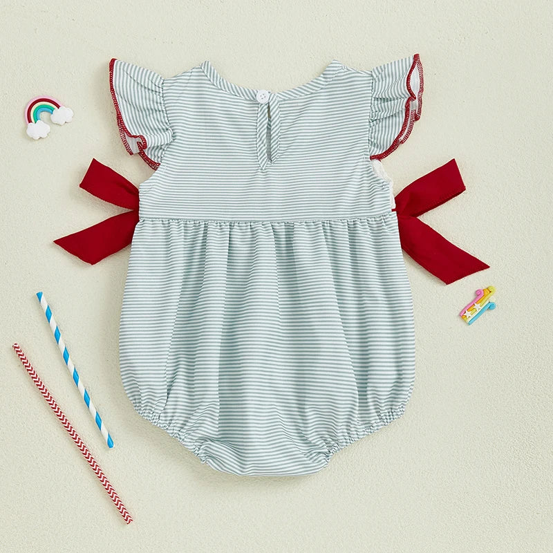 Girl's Embroidered 4th of July Doll Collar Bowed Rompers