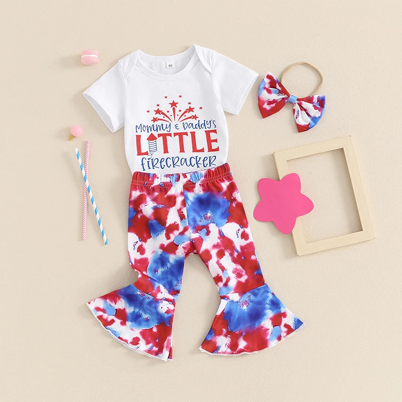 Girl's 3-Piece "Mommy & Daddy's Little Firecracker" 4th of July Onesie, Tie-Dye Pants & Bow Headband Sets