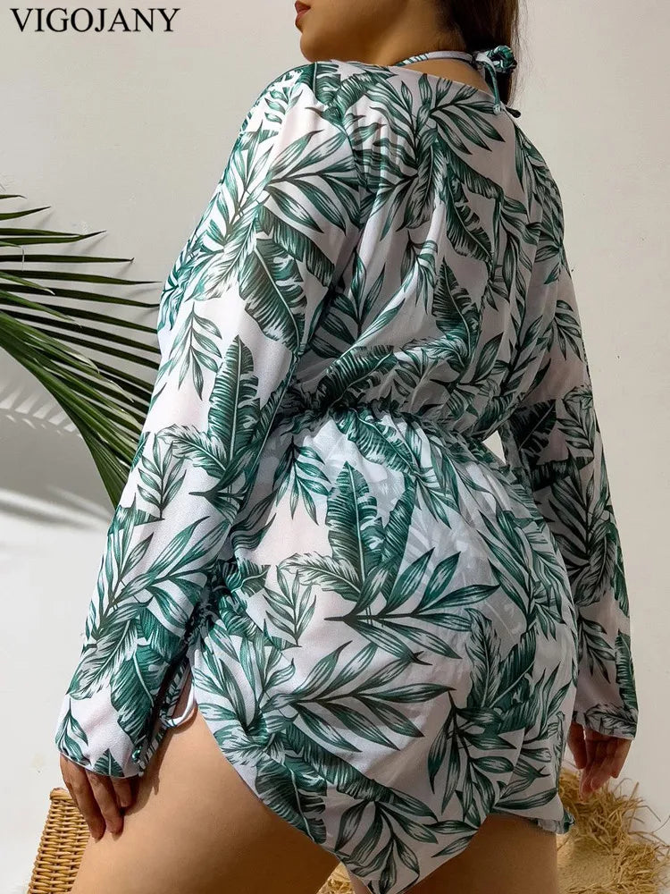 Print 3 Piece Long Sleeve Smock Plus Bikini SetHigh Waist Swimsuit Push UP Bathing Suit