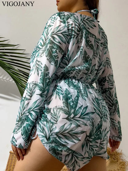 Print 3 Piece Long Sleeve Smock Plus Bikini SetHigh Waist Swimsuit Push UP Bathing Suit