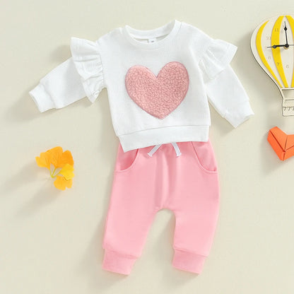 2-Piece Fall / Winter Outfits! Girl’s Embroidered Heart Sweatshirt & Pants Sets