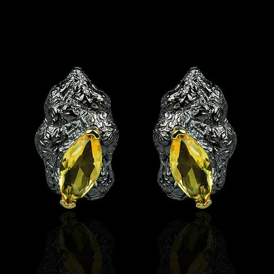 Medieval Black & Gold Style Yellow Zircon Earrings