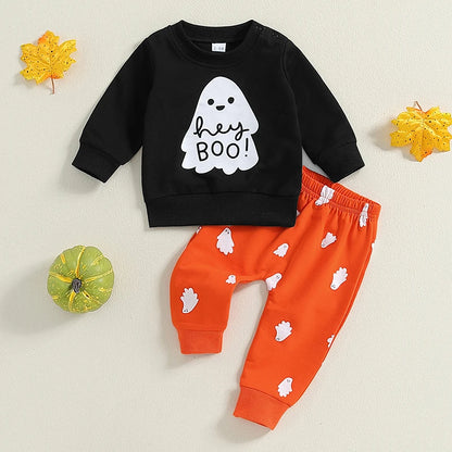 2-Piece Halloween Outfits! Boy's & Girl's "Hey Boo" Ghost Sweatshirt & Pants Sets