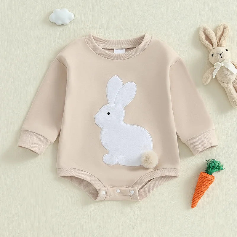 Girl’s Long Sleeve Easter Bunny Embroidered Sweatshirt Rompers