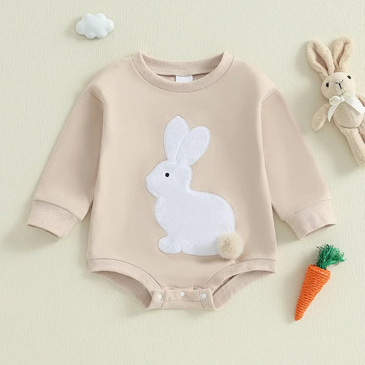 Girl’s Long Sleeve Easter Bunny Embroidered Sweatshirt Rompers