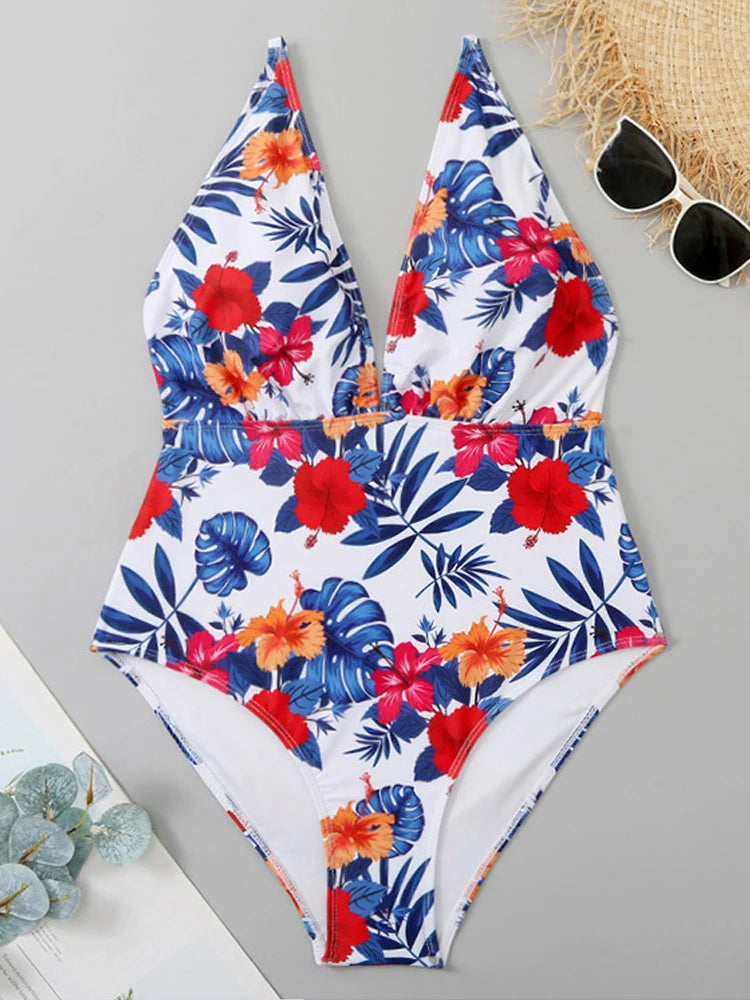 Print Strapped Plus SwimwearPush Up One Piece Swimsuit High Cut Bathing Suit