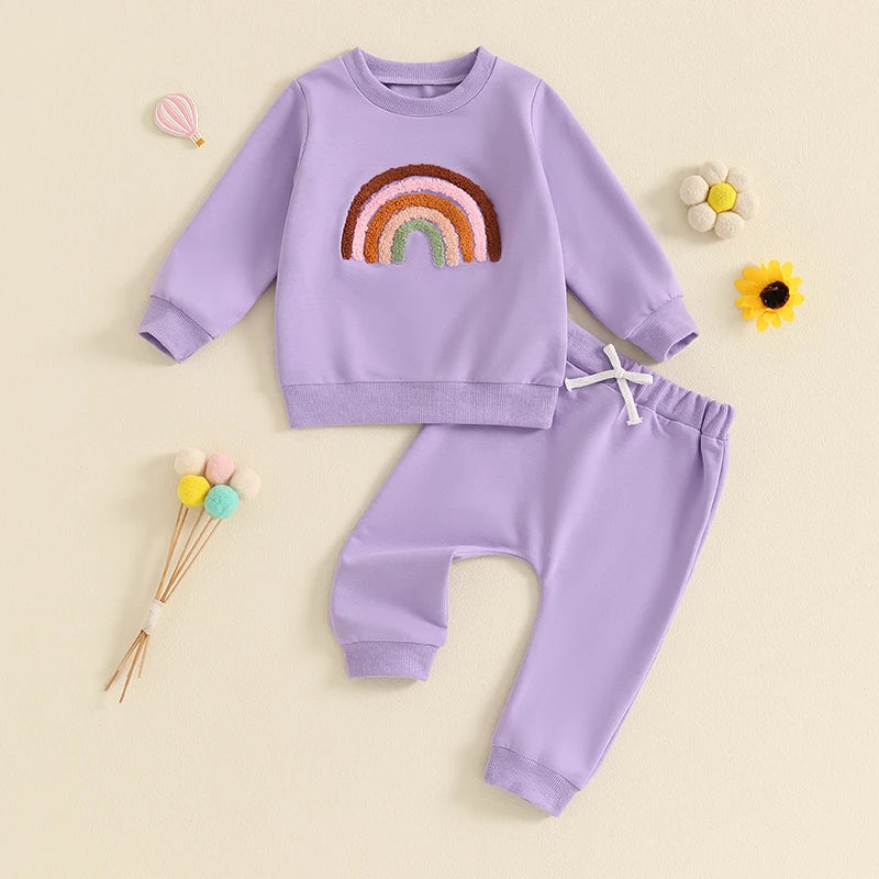 2-Piece Outfits! Girl's Embroidered Rainbow Sweatshirt & Pants Sets