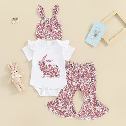 Girl's  Onesie, Bunny Ear Hats & Floral Bell Bottom Pants