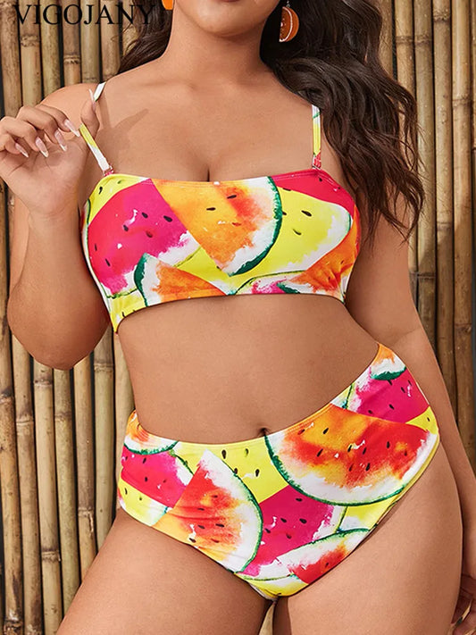 Print Strapped 2 Piece Plus Bikini SetHigh Waist Push Up Swimsuit Summer Bathing Suit