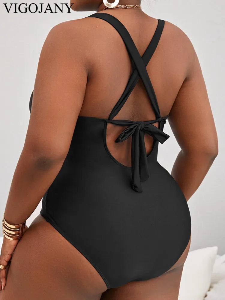 One Piece Cross Hollow Plus Swimsuit