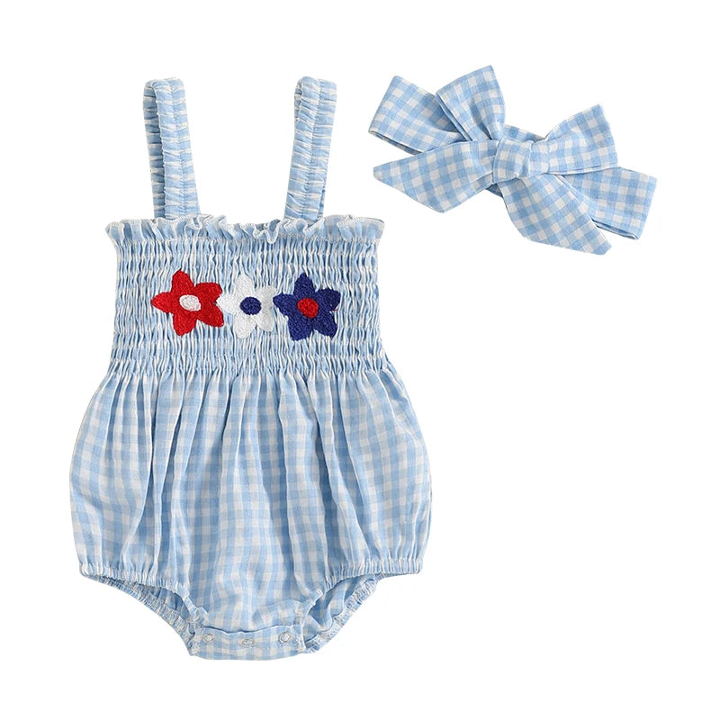 Girl's 2-Piece Embroidered July 4th Rompers & Bow Head Band Sets