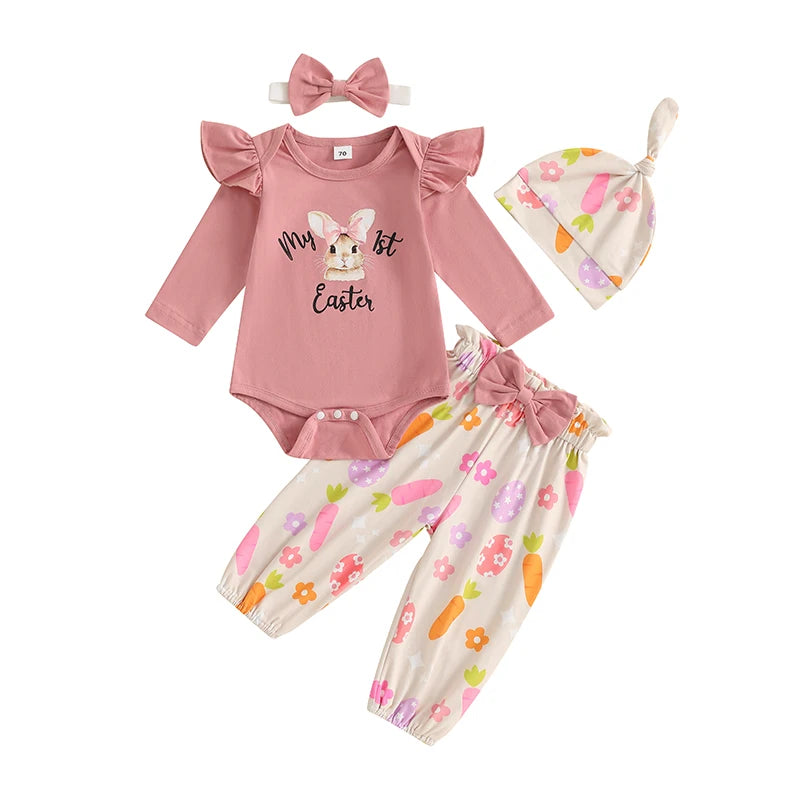 Girl's 4-Piece "My 1st Easter" Bunny Onesie, Pants, Bow Headband & Hat Sets