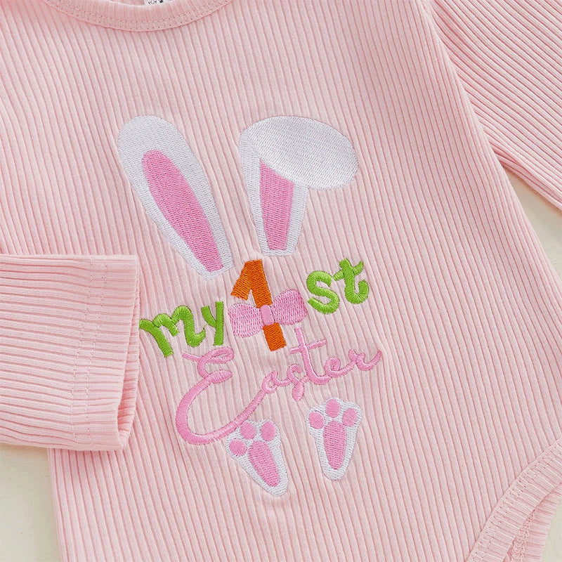 Girl's 4-Piece "My 1st / First Easter" Bunny Onesie, Ruffle Bloomers, Bow Headband & Leg Warmer Outfit Sets