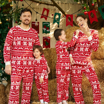 Family Matching! Red Christmas Reindeer & Snowflakes Fleece Pajamas