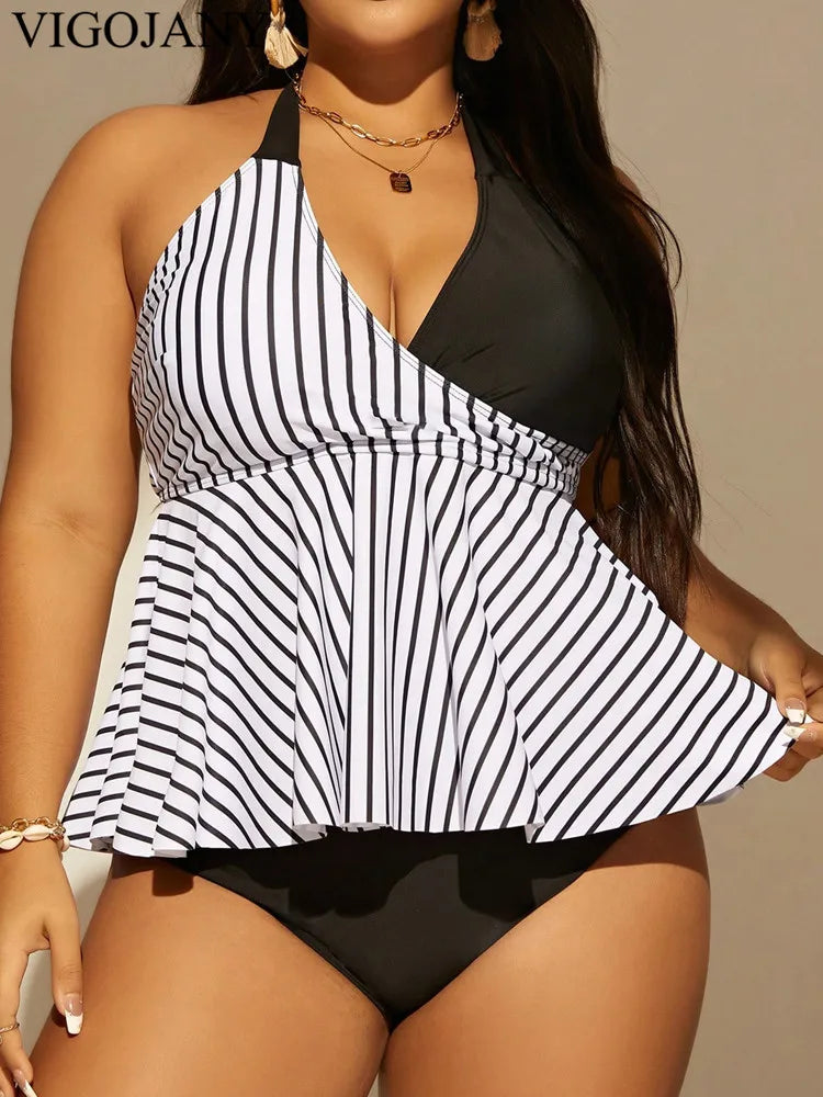 Sexy Patchwork Strapped Plus Tankini SetVerge Push Up Swimsuit Backless Summer Beach Bathing Suit