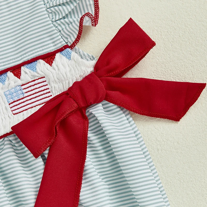 Girl's Embroidered 4th of July Doll Collar Bowed Rompers