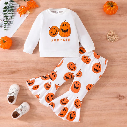 2-Piece Halloween Outfits! Girl’s Long Sleeve Pumpkin Sweatshirt & Pants Sets