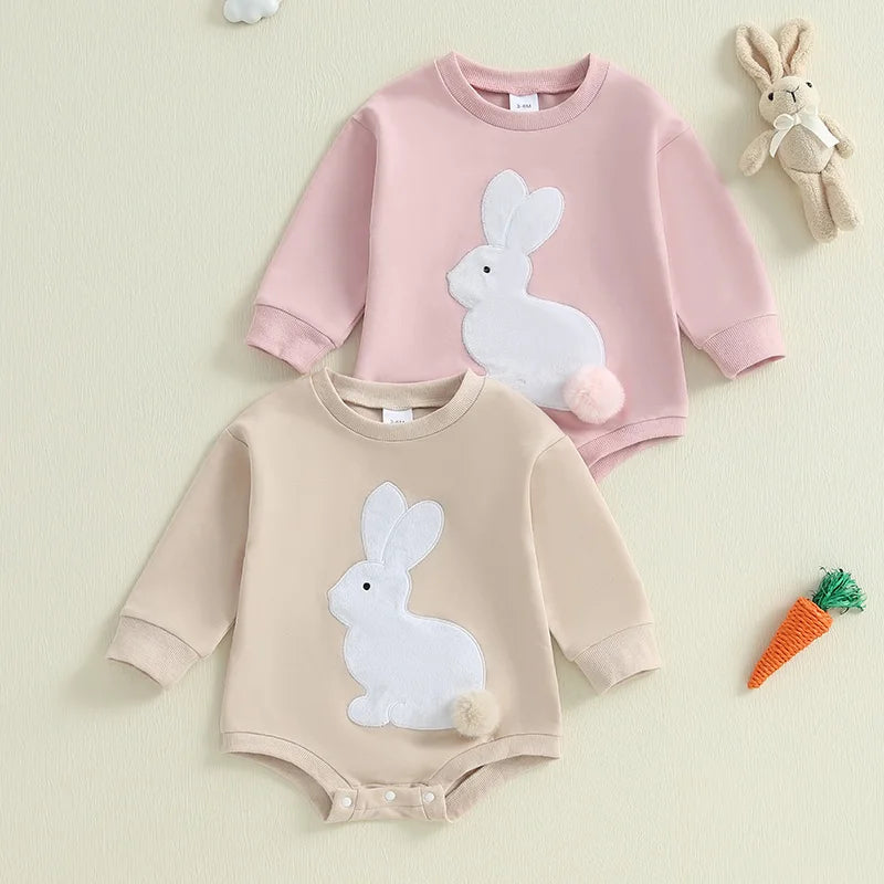 Girl’s Long Sleeve Easter Bunny Embroidered Sweatshirt Rompers