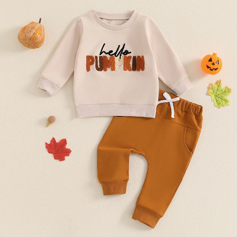 2-Piece Fall Outfits! Boy's & Girl's "Hello Pumpkin" Halloween & Thanksgiving Sweatshirt & Pants Sets