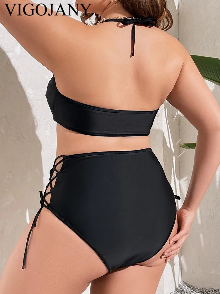 Sexy Black Strapped Plus BikiniHollow Push UP 2 Piece Swimsuit High Waist Backless Bathing Suit