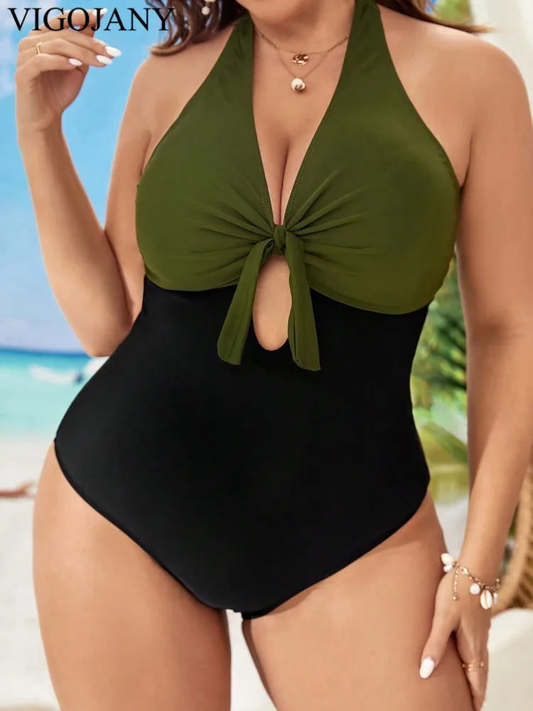 Hollow Tied Halter One Piece Swimsuit