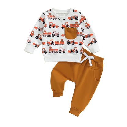 2-piece Sets! Boy's Pumpkin Tractor Fall Sweatshirts & Sweatpants Outfits