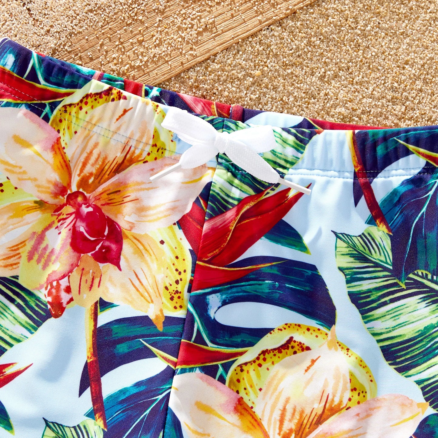 Family Matching! Floral Drawstring Swim Trunks or Ruched Shell Edge Bikini with Optional Swim Cover Up