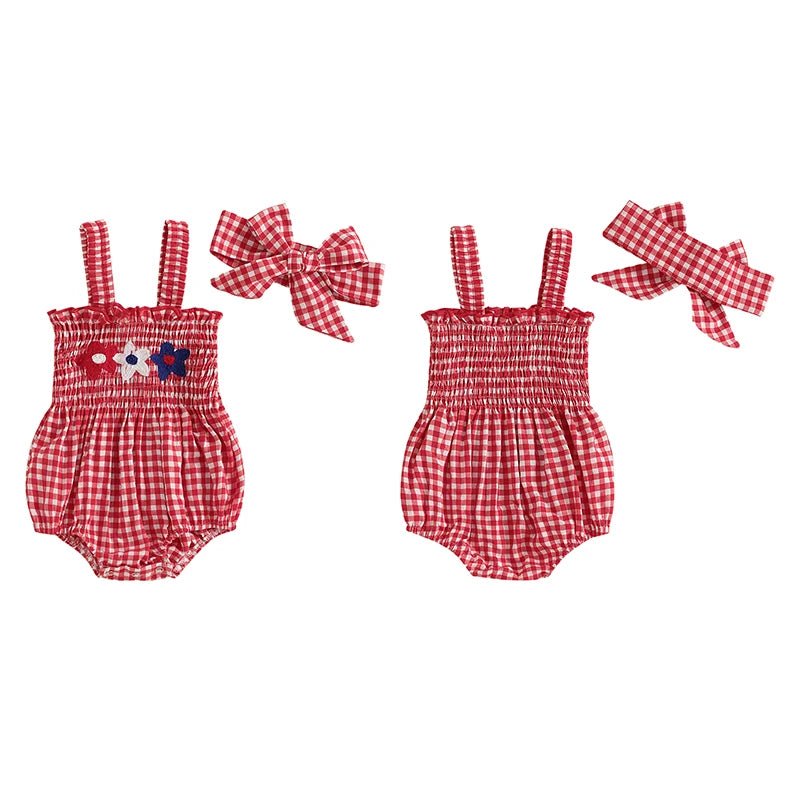 Girl's 2-Piece Embroidered July 4th Rompers & Bow Head Band Sets