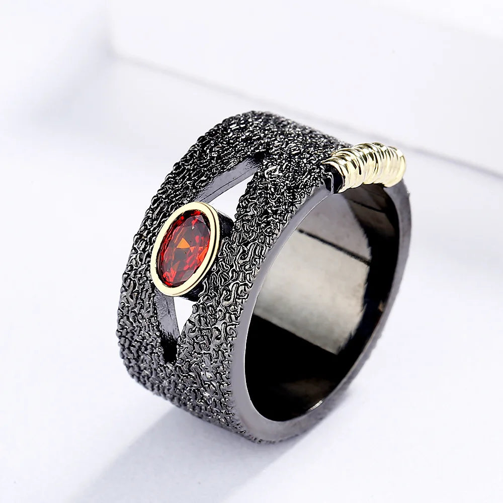 Black & Gold Style Rings Red Zircon Rings