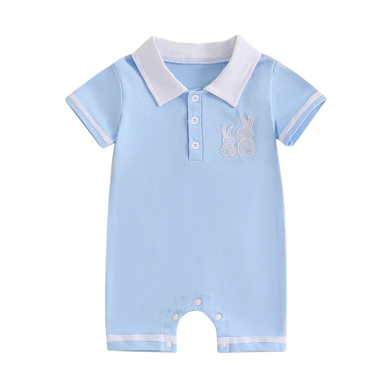 Boy's Easter Bunny Embroidered Jumpsuits with Turn-Down Collar