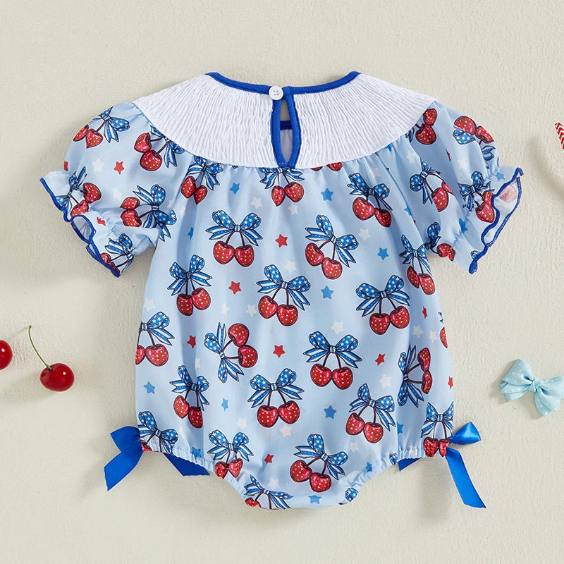Girl's Cherry 4th of July Plaid Doll Collar Rompers