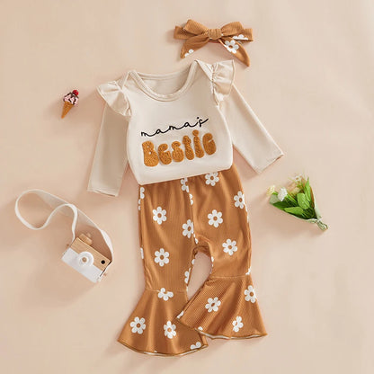 3-Piece Fall Outfits! Girl’s Long Sleeve Embroidered Flower Sweatshirt Rompers, Pants & Headband Sets